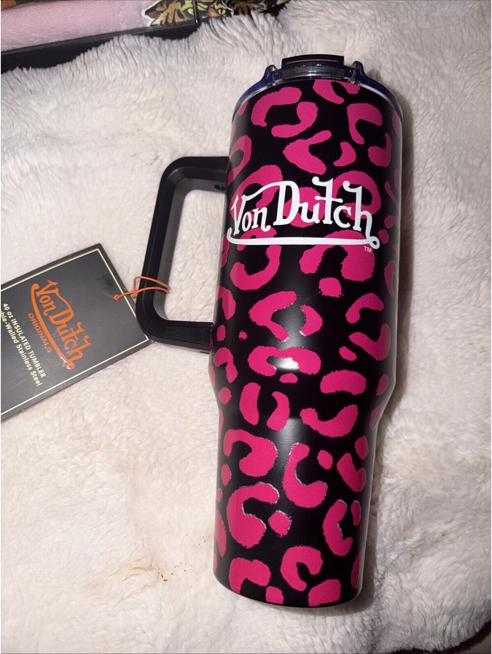 Von Dutch Pink/Black Leopard Print 40oz Plastic Tumbler w/ Handle Lid Straw